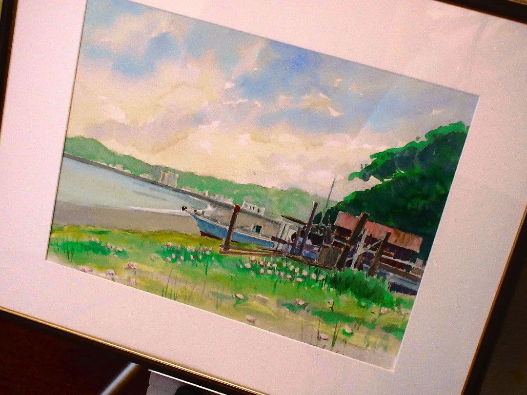 水彩画 海と船の風景 額装済み 原画