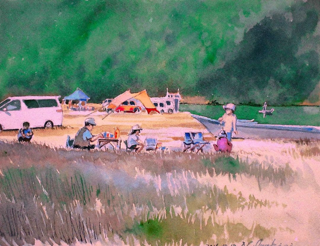 キャンプ風景 水彩画 額縁付き 夏の空と田園風景｜透明感のある青空と雲のある風景画 自然 緑 田舎