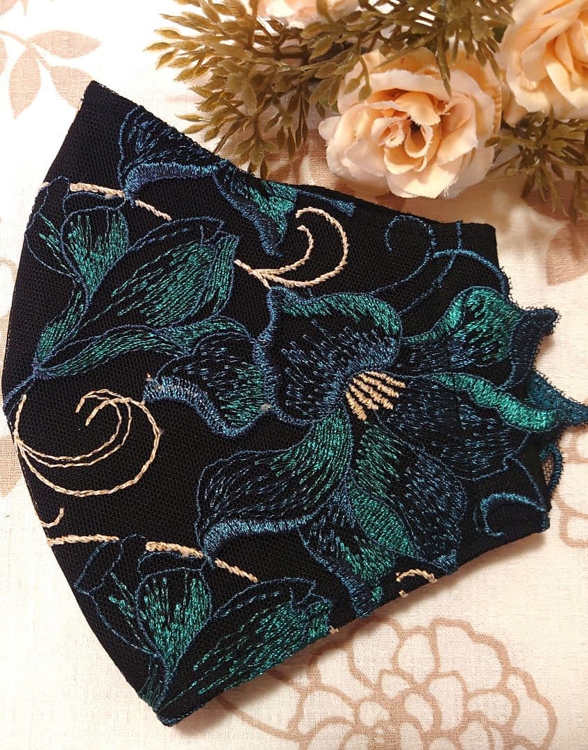 No．4021 グリーン花柄チュールレース♡ハンドメイドマスク - メルカリ