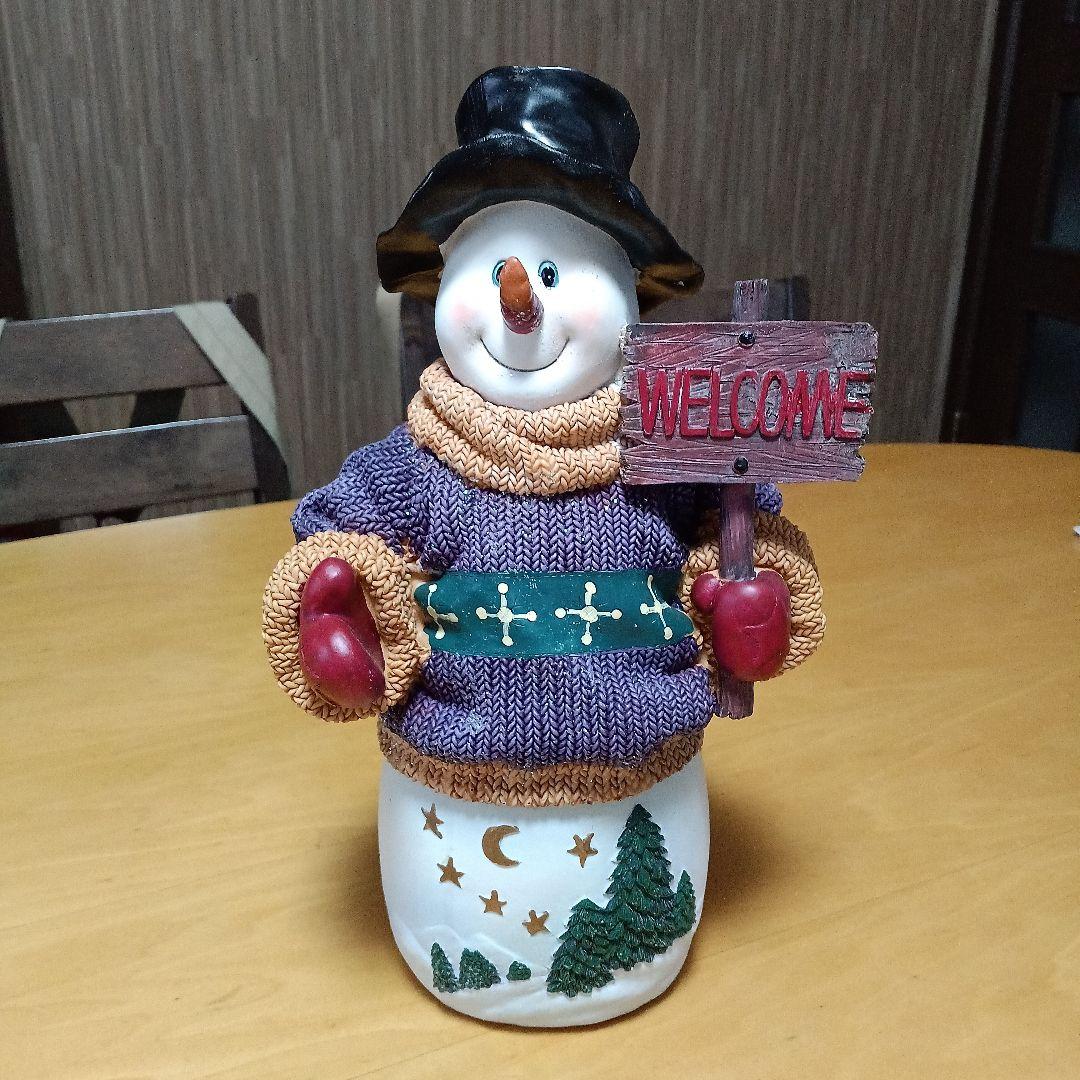 ウェルカム看板を持った 雪だるまの置物 スノーマン 陶器 玄関置物