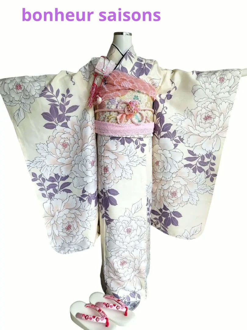 ブランド新品クリーム色に大きな牡丹の花模様☆七五三ハーフ成人式フルセット