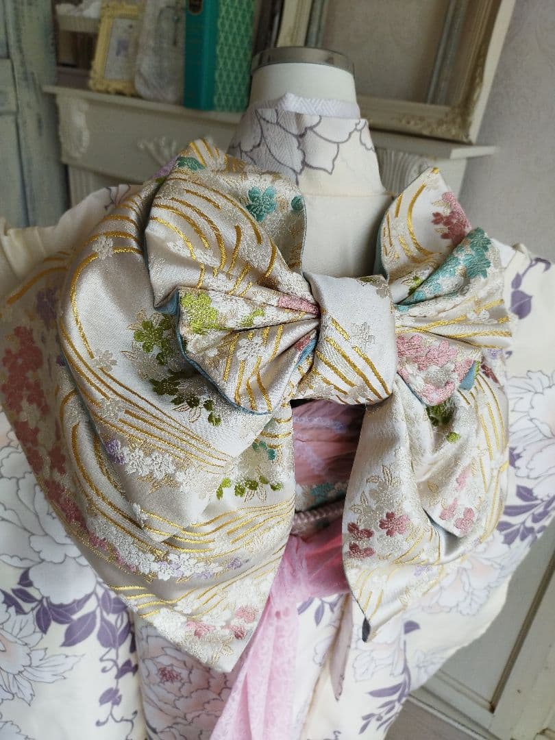 ブランド新品クリーム色に大きな牡丹の花模様☆七五三ハーフ成人式フルセット