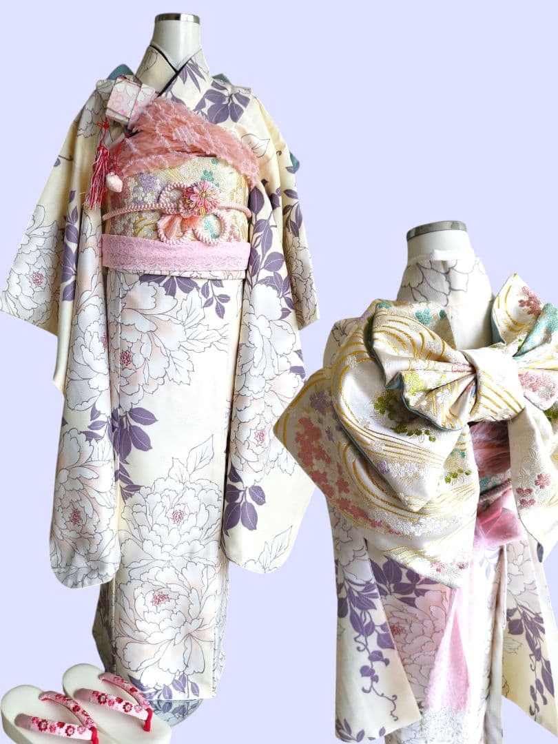 ブランド新品クリーム色に大きな牡丹の花模様☆七五三ハーフ成人式フルセット