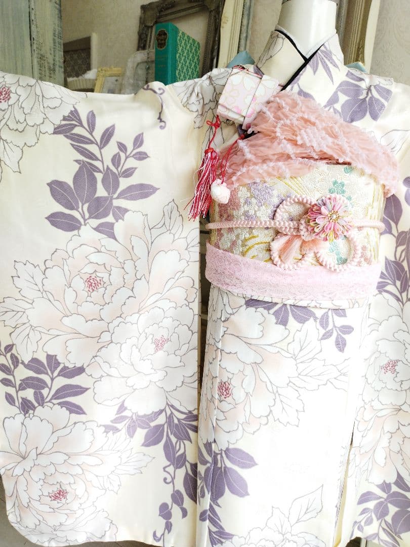 ブランド新品クリーム色に大きな牡丹の花模様☆七五三ハーフ成人式フルセット