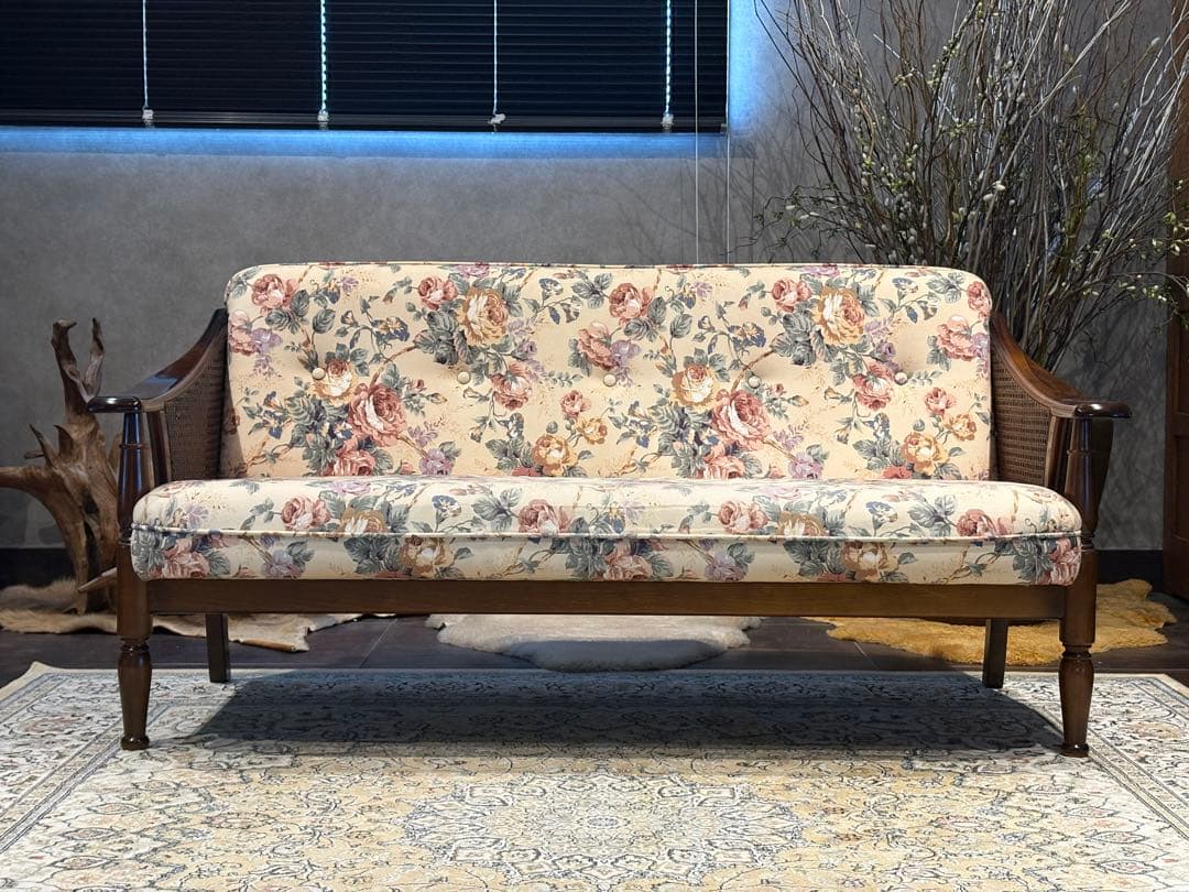 karimoku カリモク 3人掛けソファ 3Pソファ 花柄 ビンテージ nY