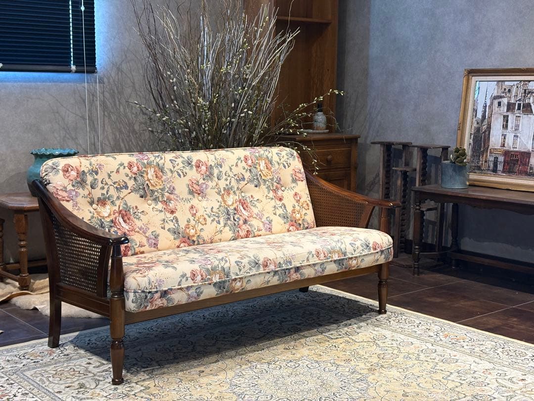karimoku カリモク 3人掛けソファ 3Pソファ 花柄 ビンテージ nY