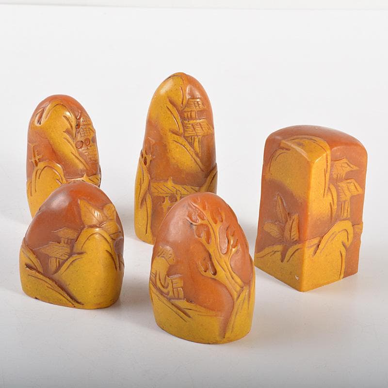 中国　篆刻　玉石寿山石彫刻　山水人物刻　印材　5点　箱付　V　6006