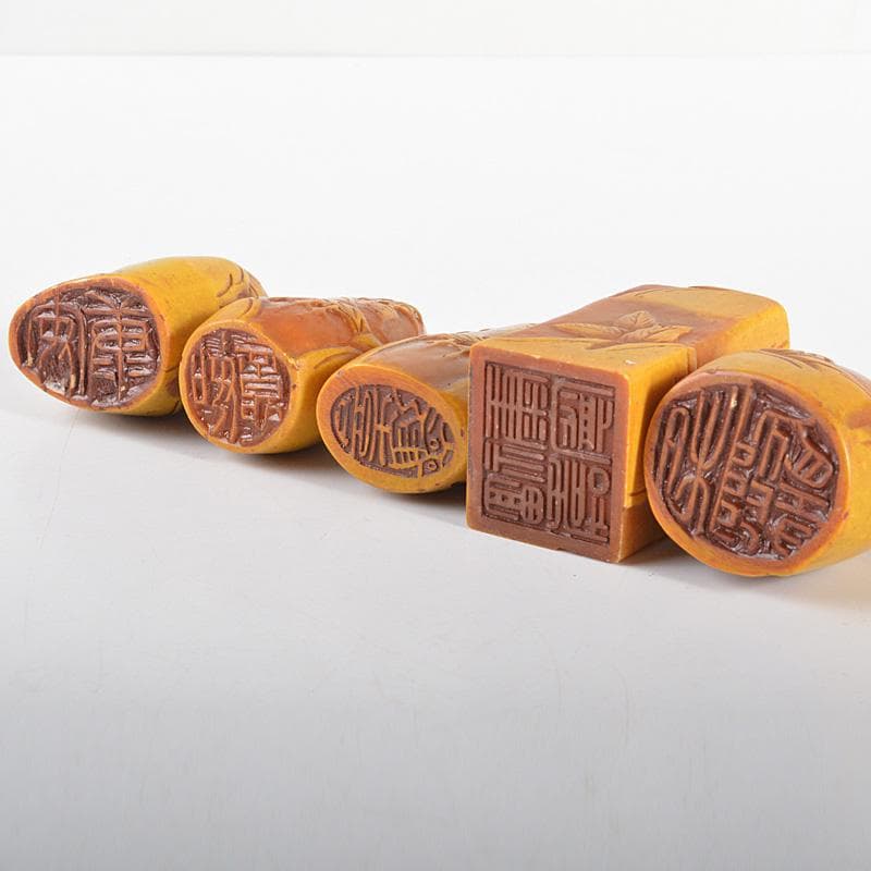 中国　篆刻　玉石寿山石彫刻　山水人物刻　印材　5点　箱付　V　6006