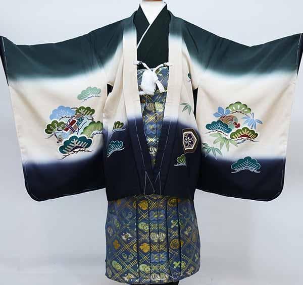 七五三 五歳 男児 正絹 羽織袴フルセット 深緑 手染 袴変更可 NO37110