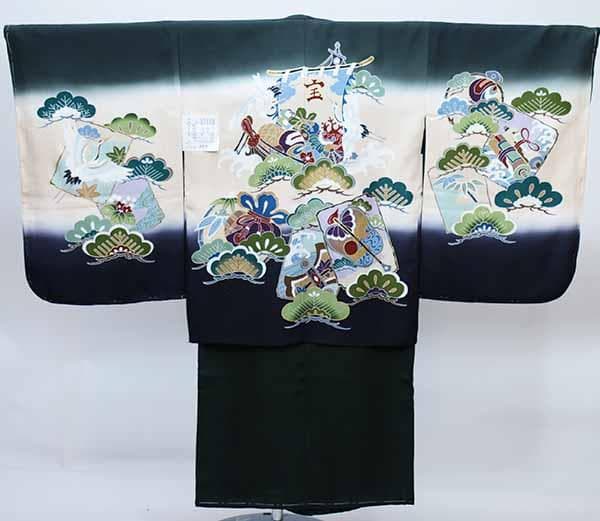 七五三 五歳 男児 正絹 羽織袴フルセット 深緑 手染 袴変更可 NO37110