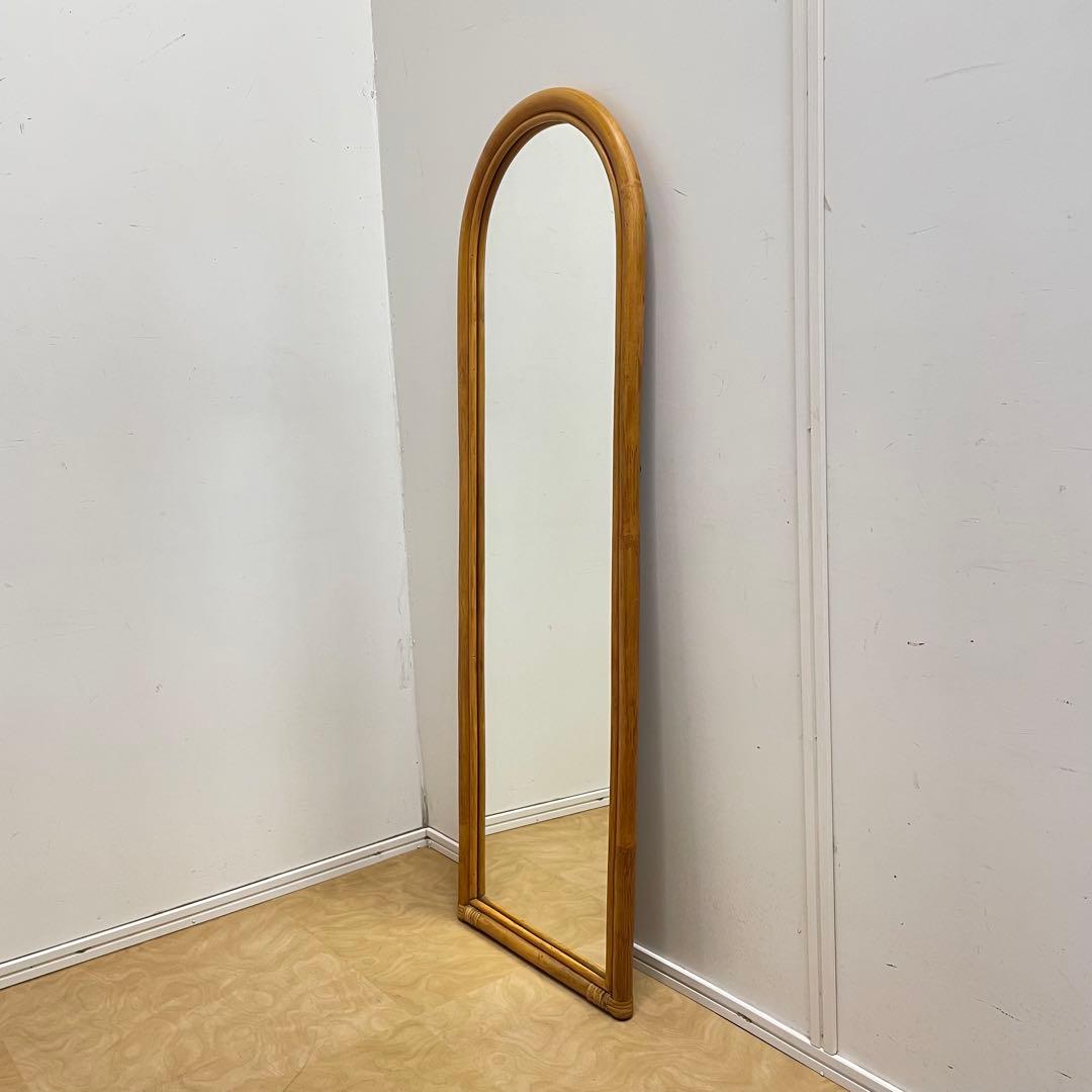 籐ラタン 大型ミラー 鏡 壁掛け アーチ型 全身 姿見 アンティーク ビンテージ
