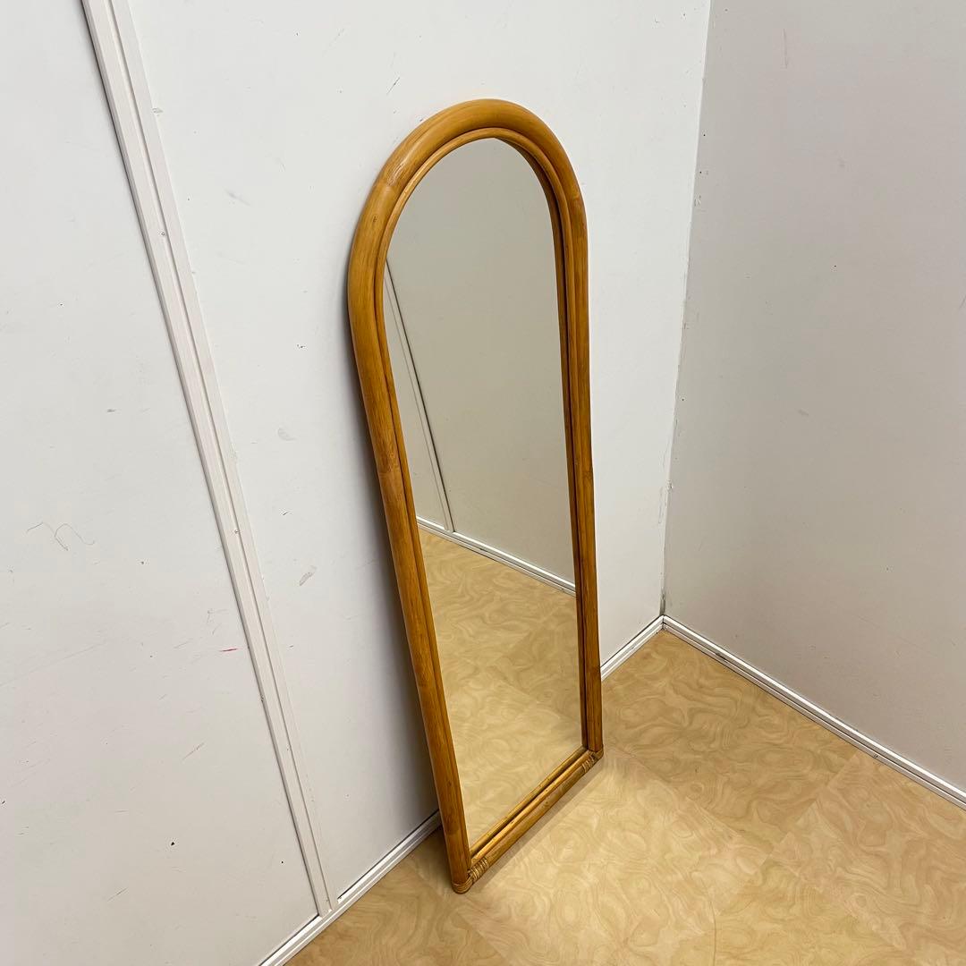 籐ラタン 大型ミラー 鏡 壁掛け アーチ型 全身 姿見 アンティーク ビンテージ