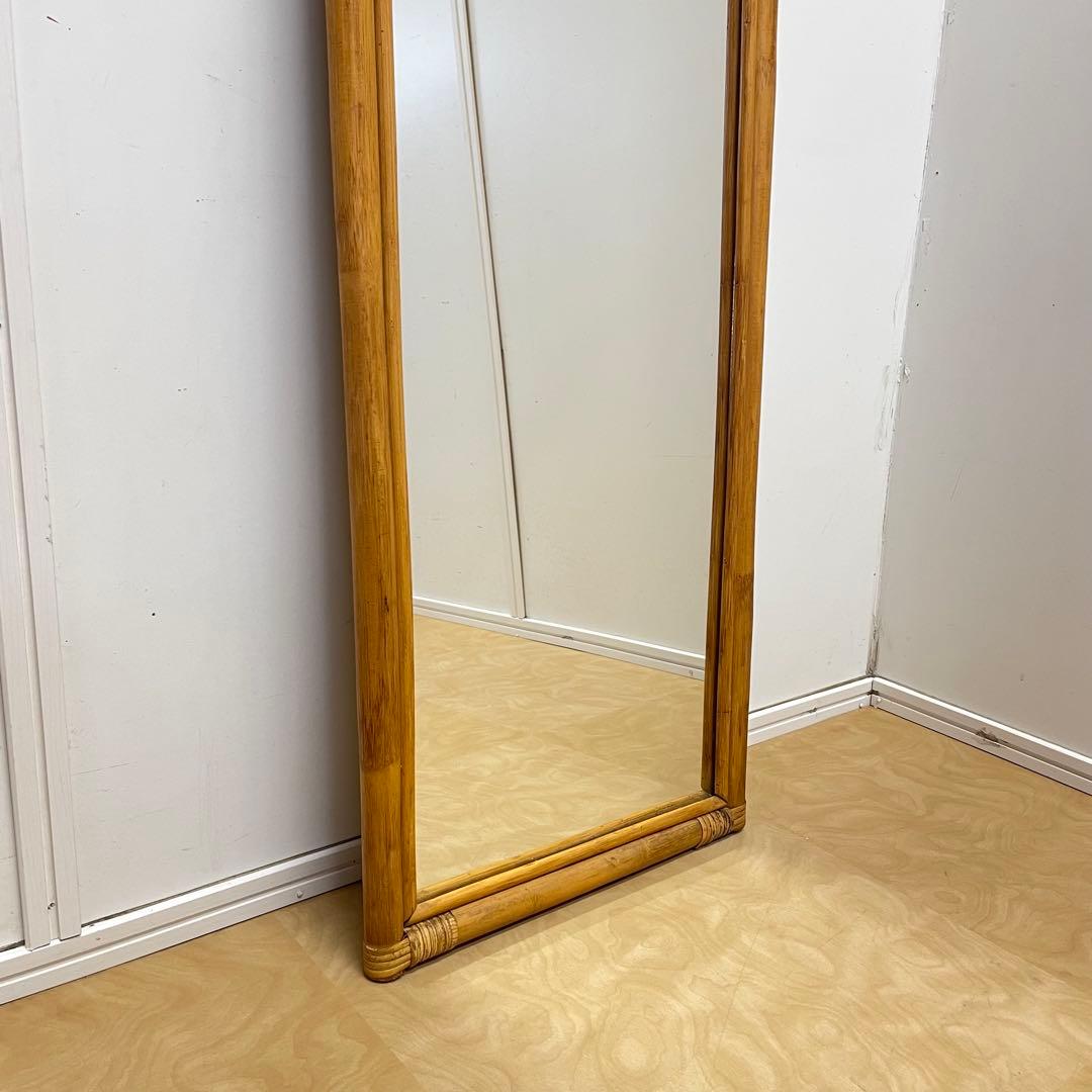 籐ラタン 大型ミラー 鏡 壁掛け アーチ型 全身 姿見 アンティーク ビンテージ