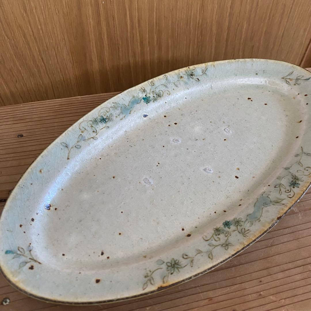 コウホ窯　市野吉記　うさぎ　ブルー　オーバル　皿