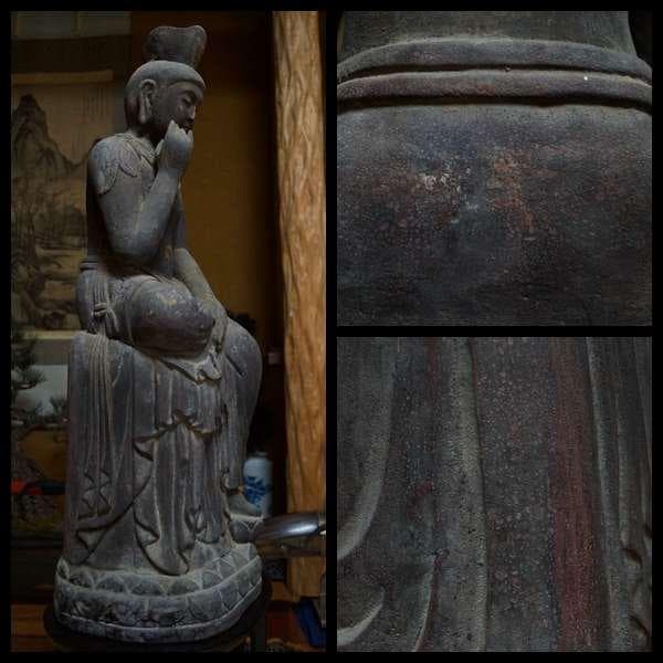 江戸期 老松木彫 大型『弥勒菩薩半跏思惟像』 細工彫り仏像 仏教古美術