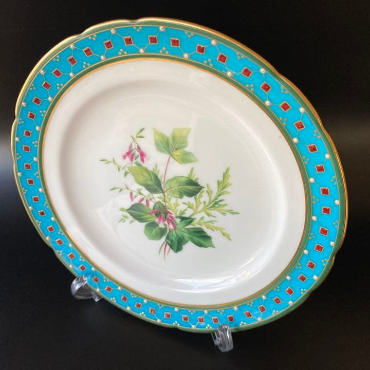ミントン　ターコイズブルー　植物絵図飾皿　エナメル七宝金彩装飾　プレート　大皿