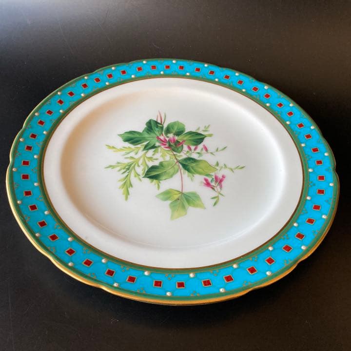 ミントン　ターコイズブルー　植物絵図飾皿　エナメル七宝金彩装飾　プレート　大皿