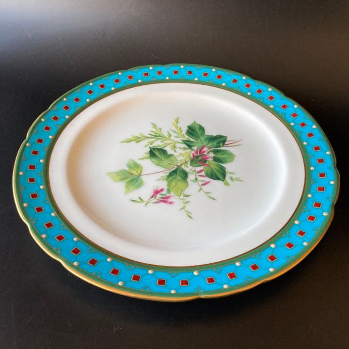 ミントン　ターコイズブルー　植物絵図飾皿　エナメル七宝金彩装飾　プレート　大皿