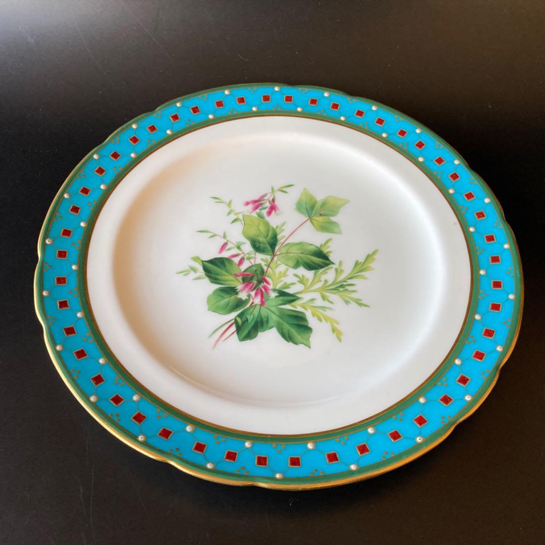 ミントン　ターコイズブルー　植物絵図飾皿　エナメル七宝金彩装飾　プレート　大皿