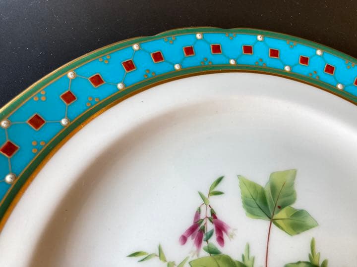 ミントン　ターコイズブルー　植物絵図飾皿　エナメル七宝金彩装飾　プレート　大皿