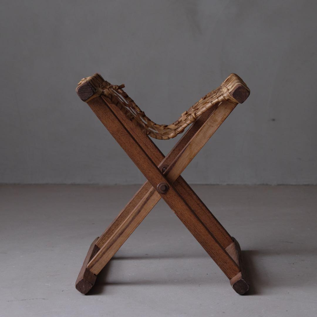 栓材 生革張りフォールディングスツール　折りたたみ椅子 古家具 ヴィンテージ