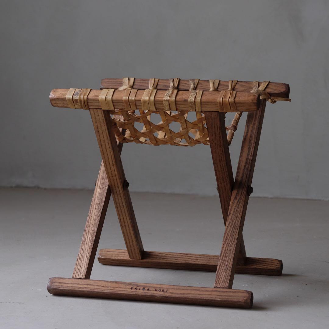 栓材 生革張りフォールディングスツール　折りたたみ椅子 古家具 ヴィンテージ