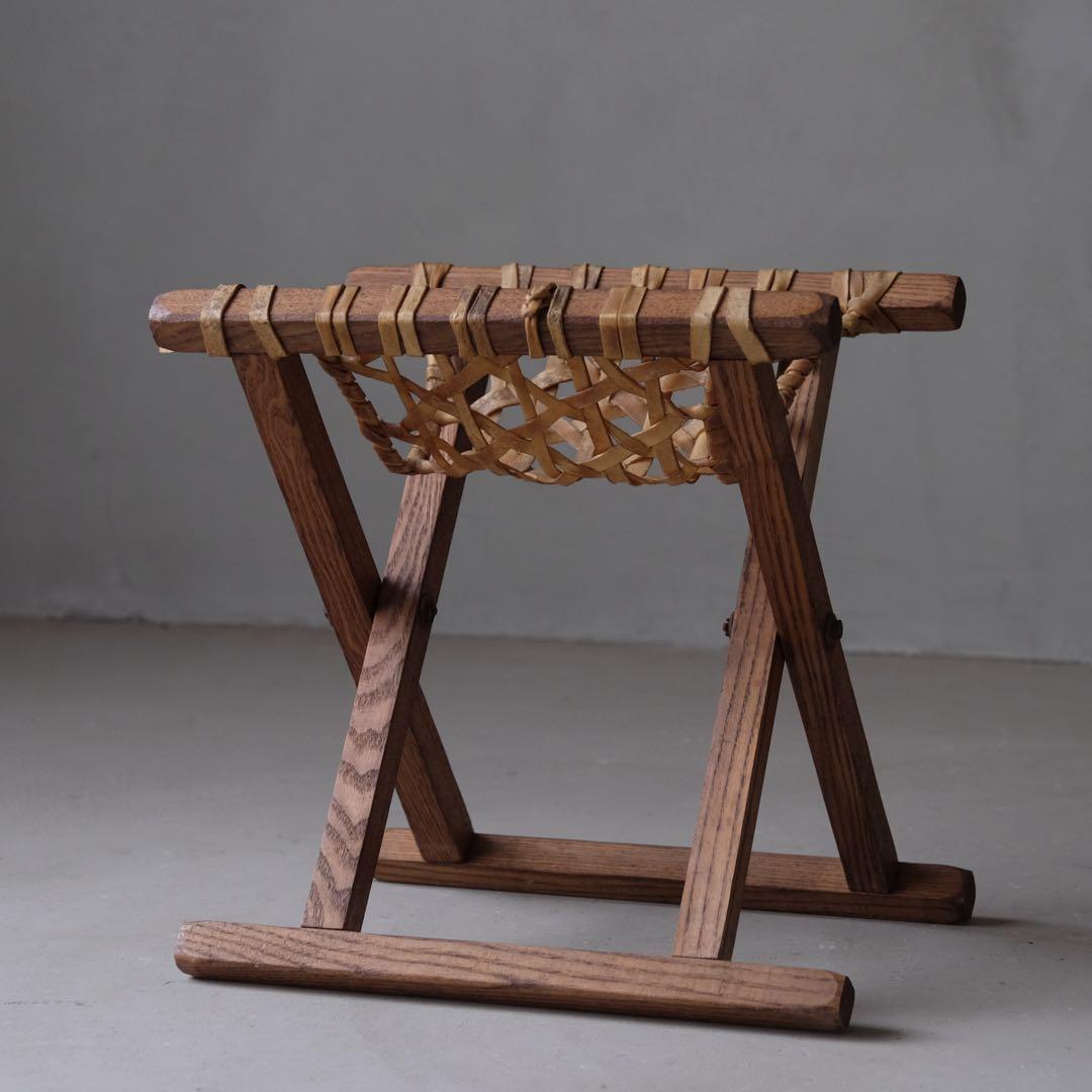 栓材 生革張りフォールディングスツール　折りたたみ椅子 古家具 ヴィンテージ