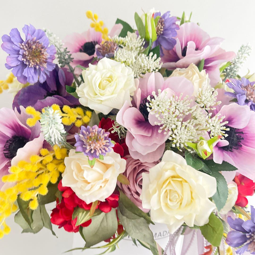 光触媒フラワー アネモネとミモザの春彩ボックスフラワー｜華やか春ギフト 春飾り