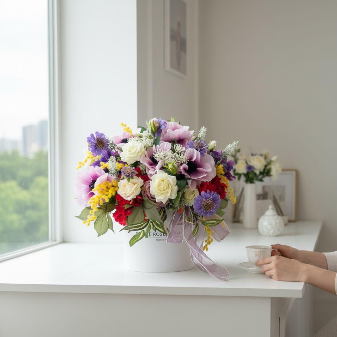 光触媒フラワー アネモネとミモザの春彩ボックスフラワー｜華やか春ギフト 春飾り