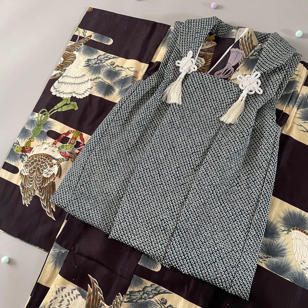 美品　七五三　3歳　男の子　正絹アンティークお着物セット　正絹総絞り被布