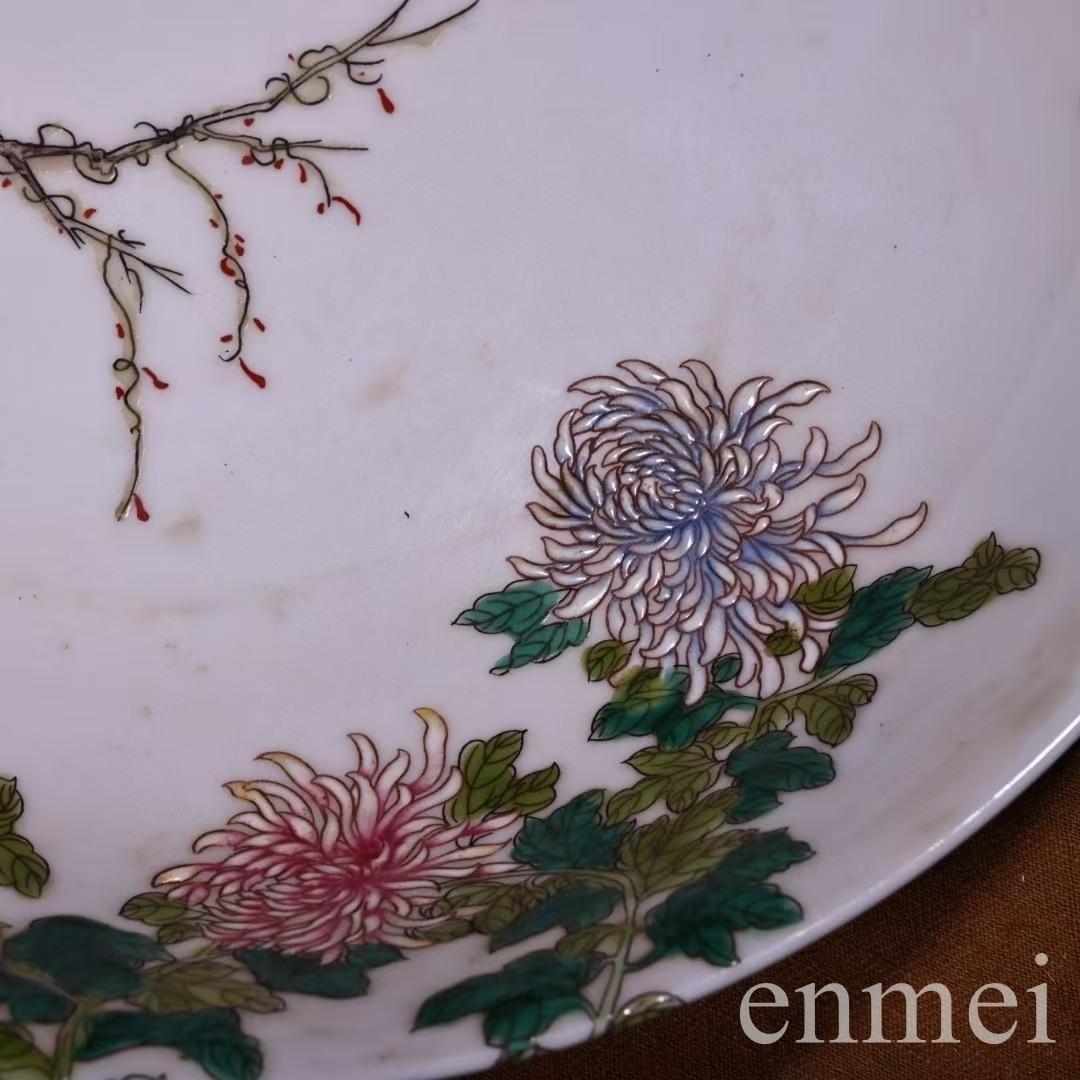 中国古美術・珍蔵粉彩・花鳥絵磁器の中皿・純手描き・木製箱付・置物
