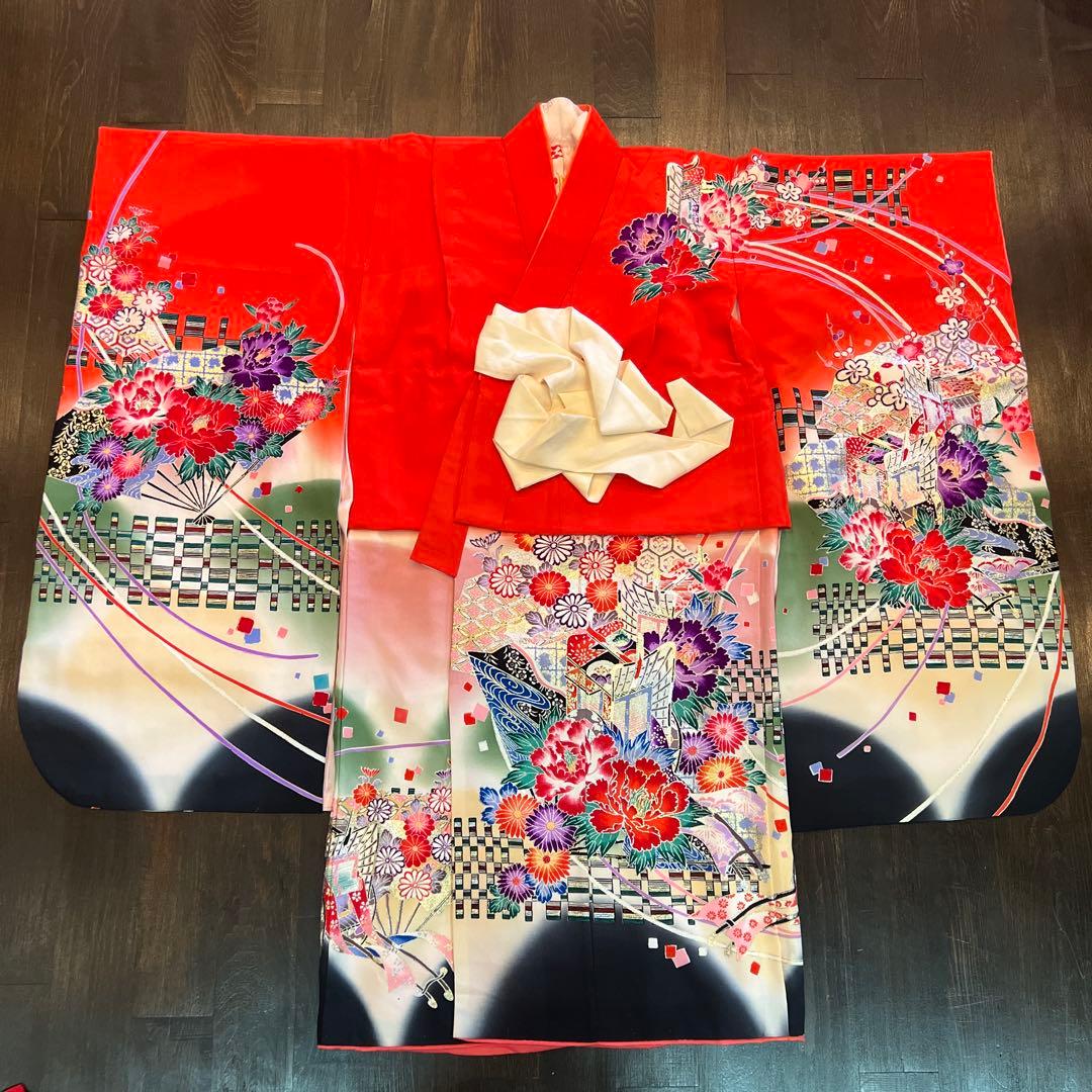 アンティーク 七五三 七歳 着物 作り帯 草履他小物一式 フルセット 御所車 絹