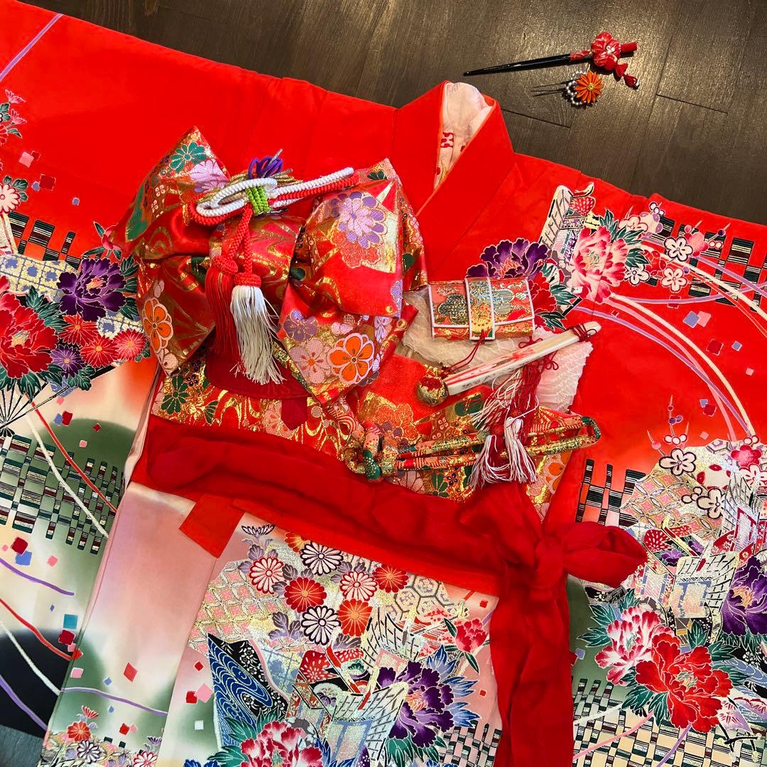 アンティーク 七五三 七歳 着物 作り帯 草履他小物一式 フルセット 御所車 絹