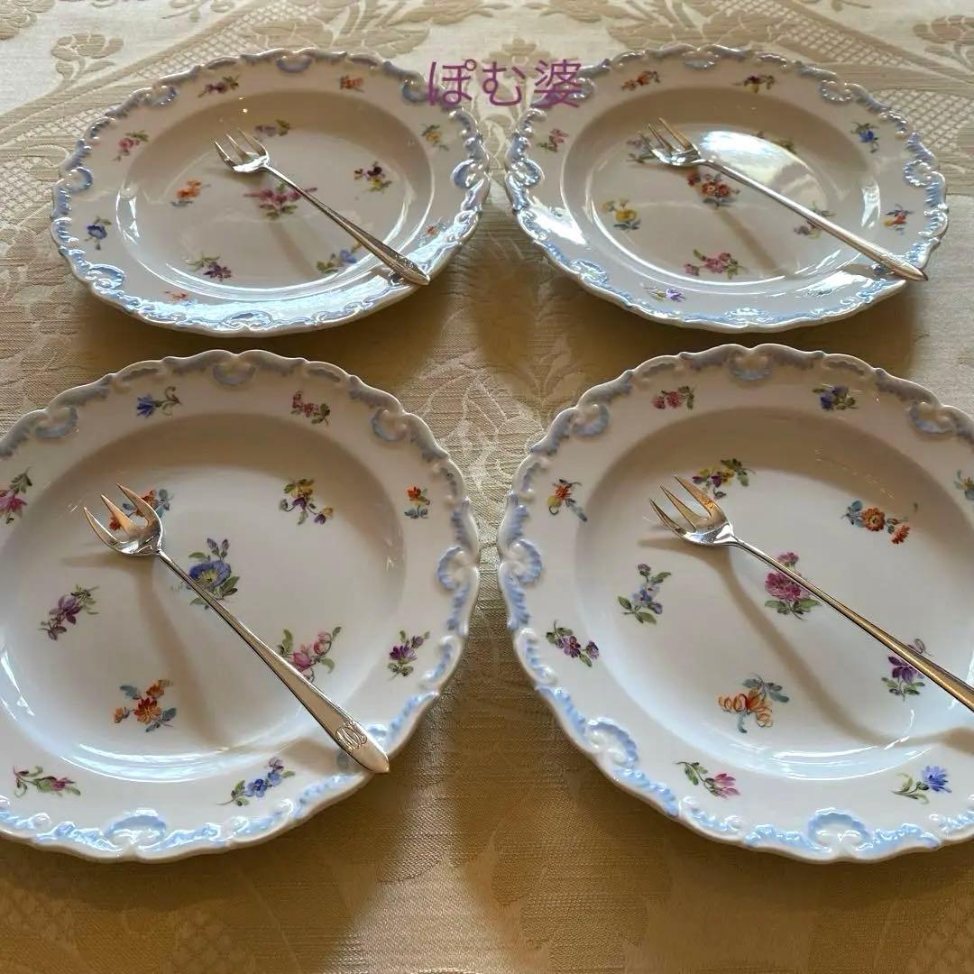 古マイセン】花絵付け皿 プレート 4枚「ブルーシェル 青の貝／小花