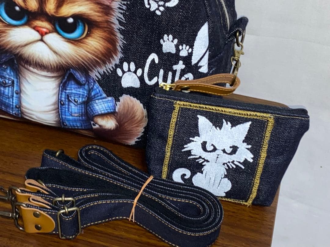 ☆岡山デニム☆トラ猫☆ステンシル☆扇型☆4wayボストンバッグ