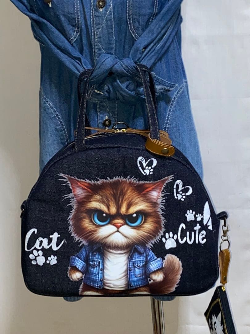 ☆岡山デニム☆トラ猫☆ステンシル☆扇型☆4wayボストンバッグ