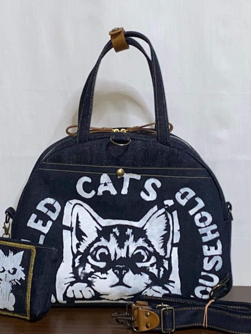 ☆岡山デニム☆トラ猫☆ステンシル☆扇型☆4wayボストンバッグ