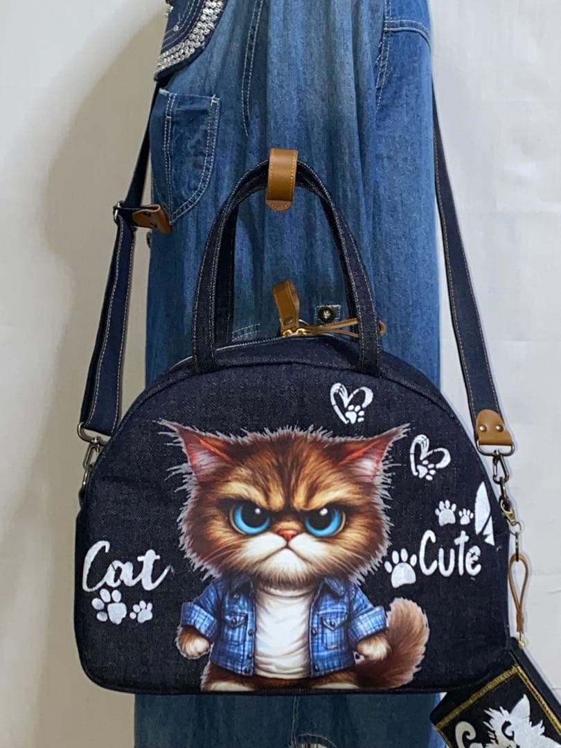 ☆岡山デニム☆トラ猫☆ステンシル☆扇型☆4wayボストンバッグ