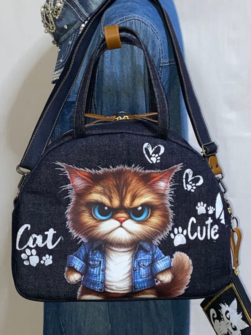 ☆岡山デニム☆トラ猫☆ステンシル☆扇型☆4wayボストンバッグ