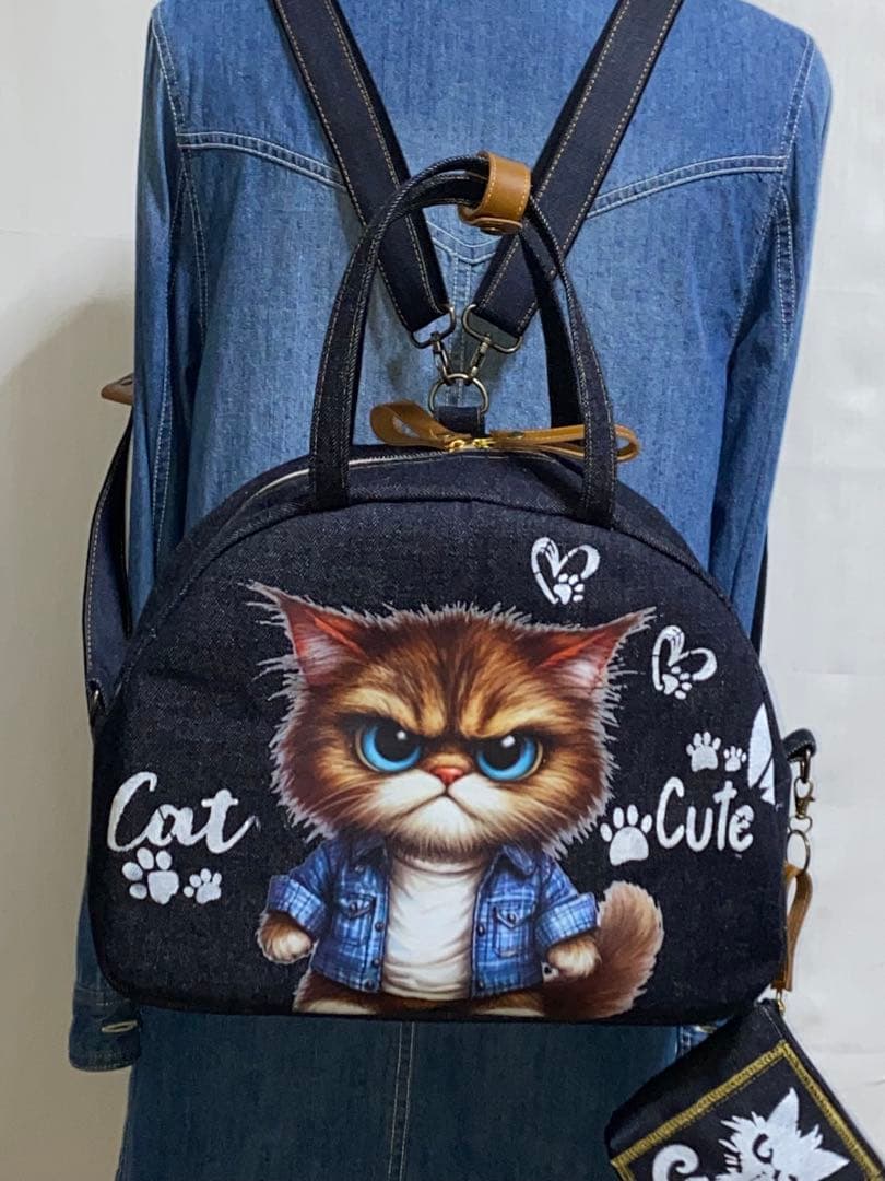 ☆岡山デニム☆トラ猫☆ステンシル☆扇型☆4wayボストンバッグ