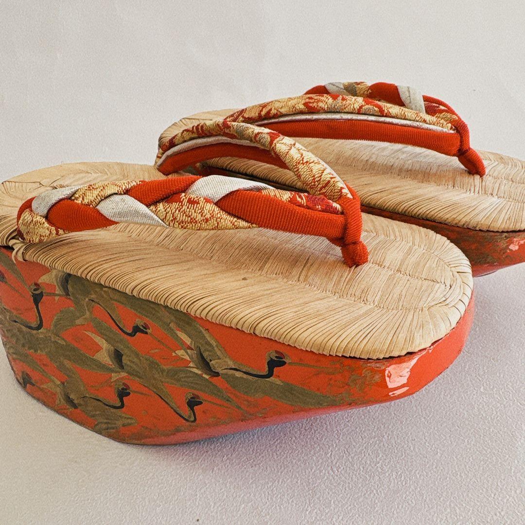 七五三　7歳女の子　ぽっくり　20ｃｍ　鶴　鼻緒三つ編み　中古品　61255