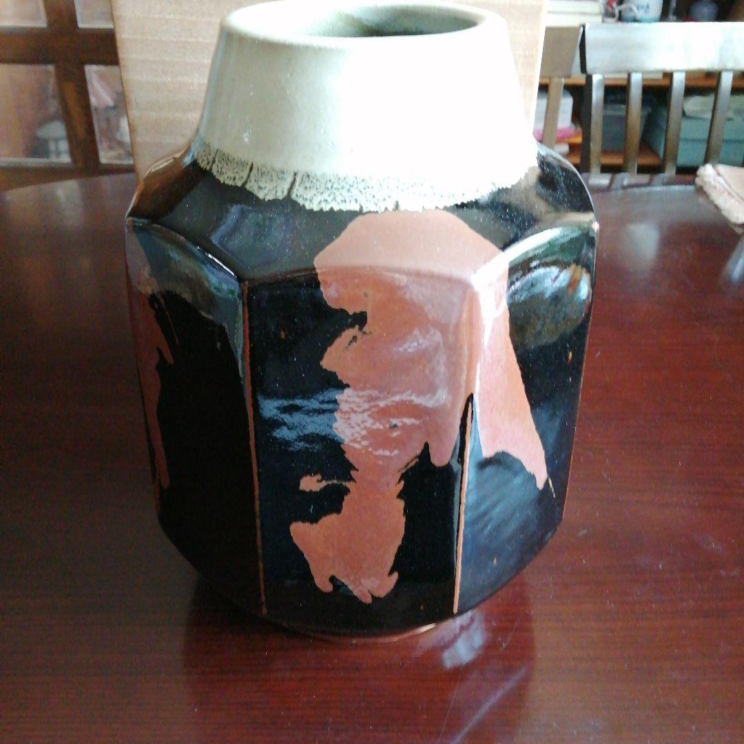 益子焼　佐久間賢司　黒釉柿流面取壺　29.5cm