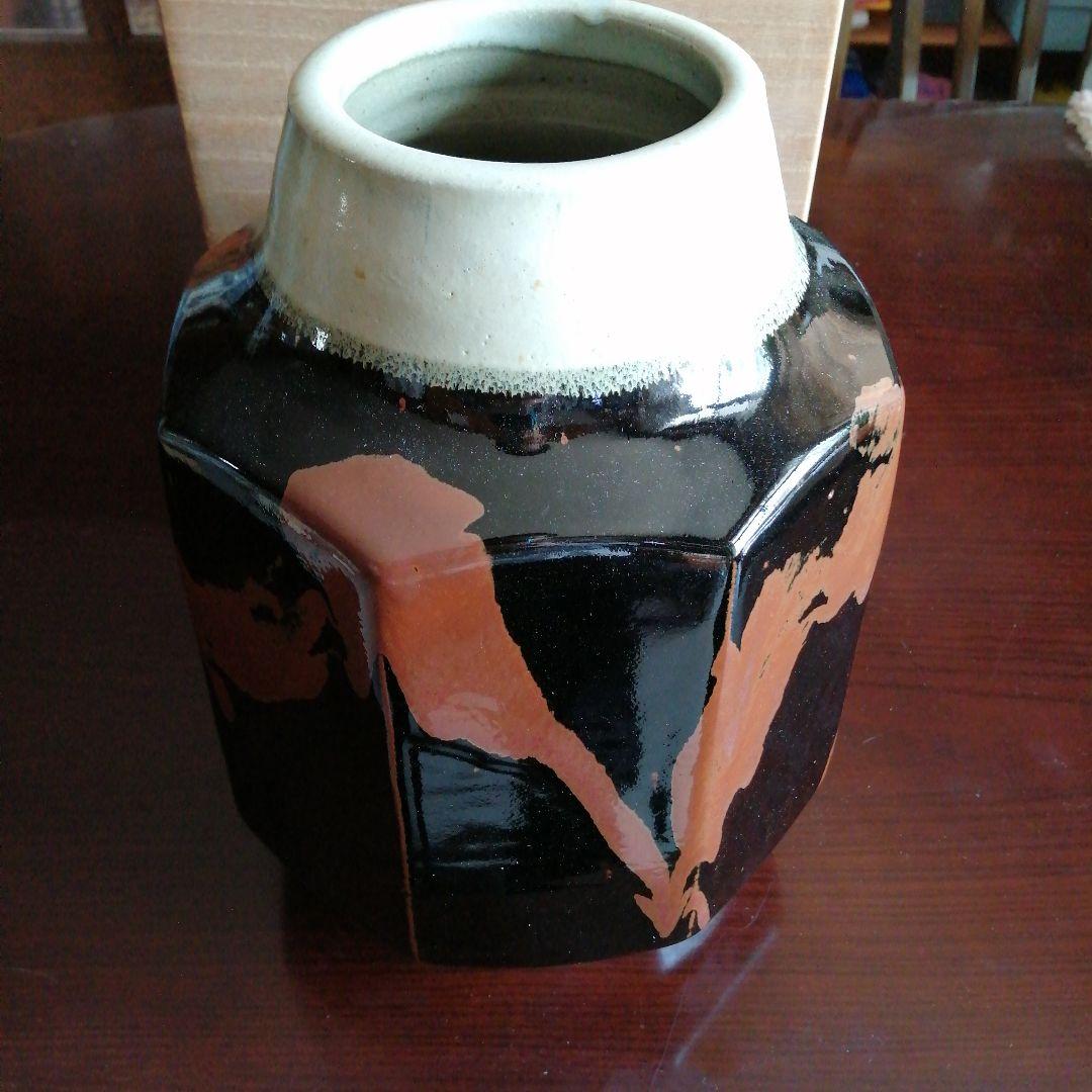 益子焼　佐久間賢司　黒釉柿流面取壺　29.5cm