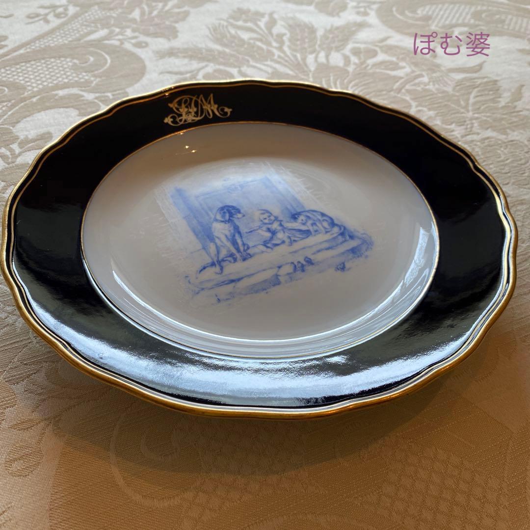 【古マイセン】コバルト金彩／プレート「子供のいる風景／白と青の世界」④