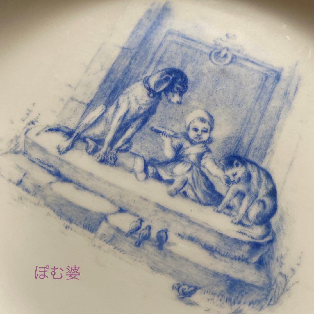 【古マイセン】コバルト金彩／プレート「子供のいる風景／白と青の世界」④