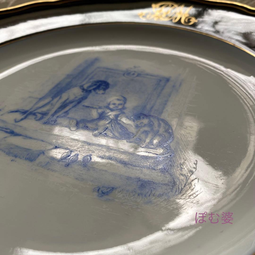 【古マイセン】コバルト金彩／プレート「子供のいる風景／白と青の世界」④