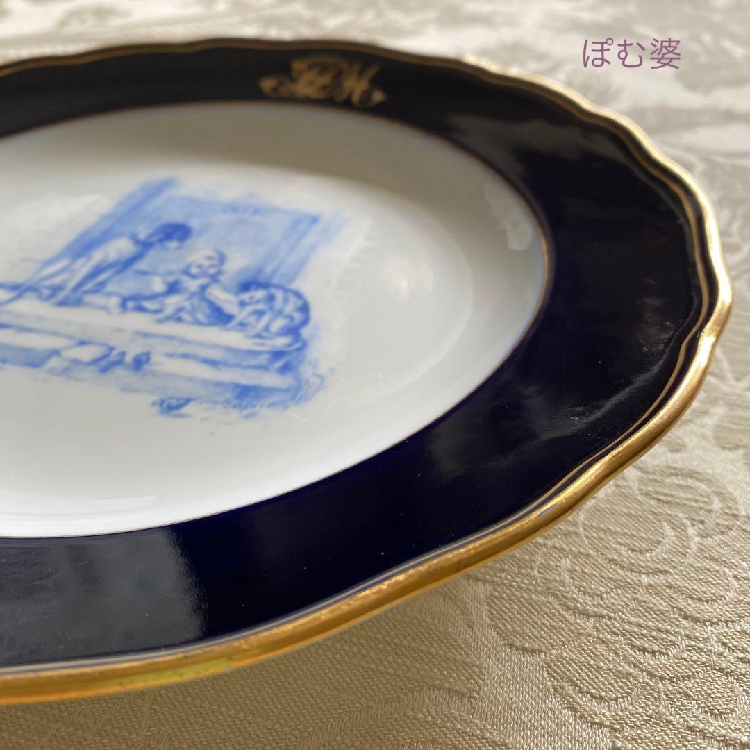 【古マイセン】コバルト金彩／プレート「子供のいる風景／白と青の世界」④