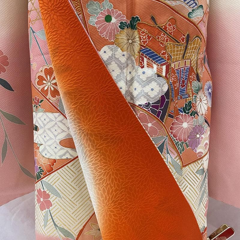 505ag10◎七五三 七歳 女児 着物&袋帯&長襦袢 金駒刺繍 金彩 扇 桜◎