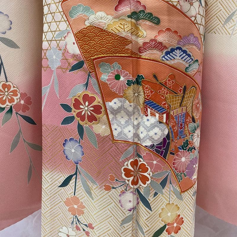 505ag10◎七五三 七歳 女児 着物&袋帯&長襦袢 金駒刺繍 金彩 扇 桜◎