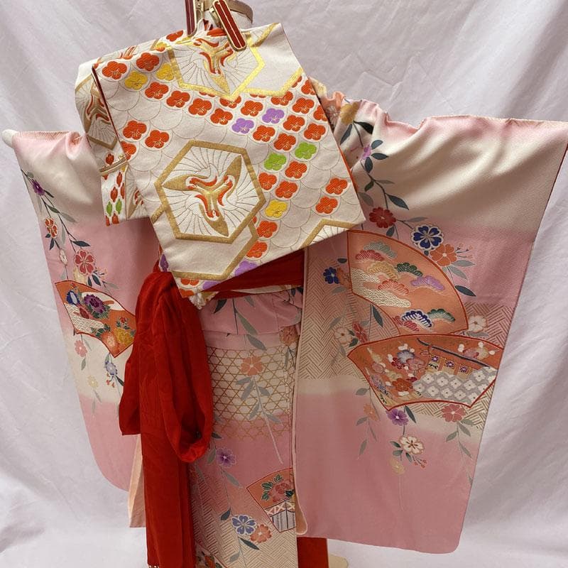 505ag10◎七五三 七歳 女児 着物&袋帯&長襦袢 金駒刺繍 金彩 扇 桜◎